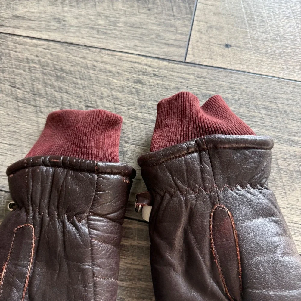 Gordini Vintage Brown Leather Quilted Mittens Women Small Burgundy Knit Cuff